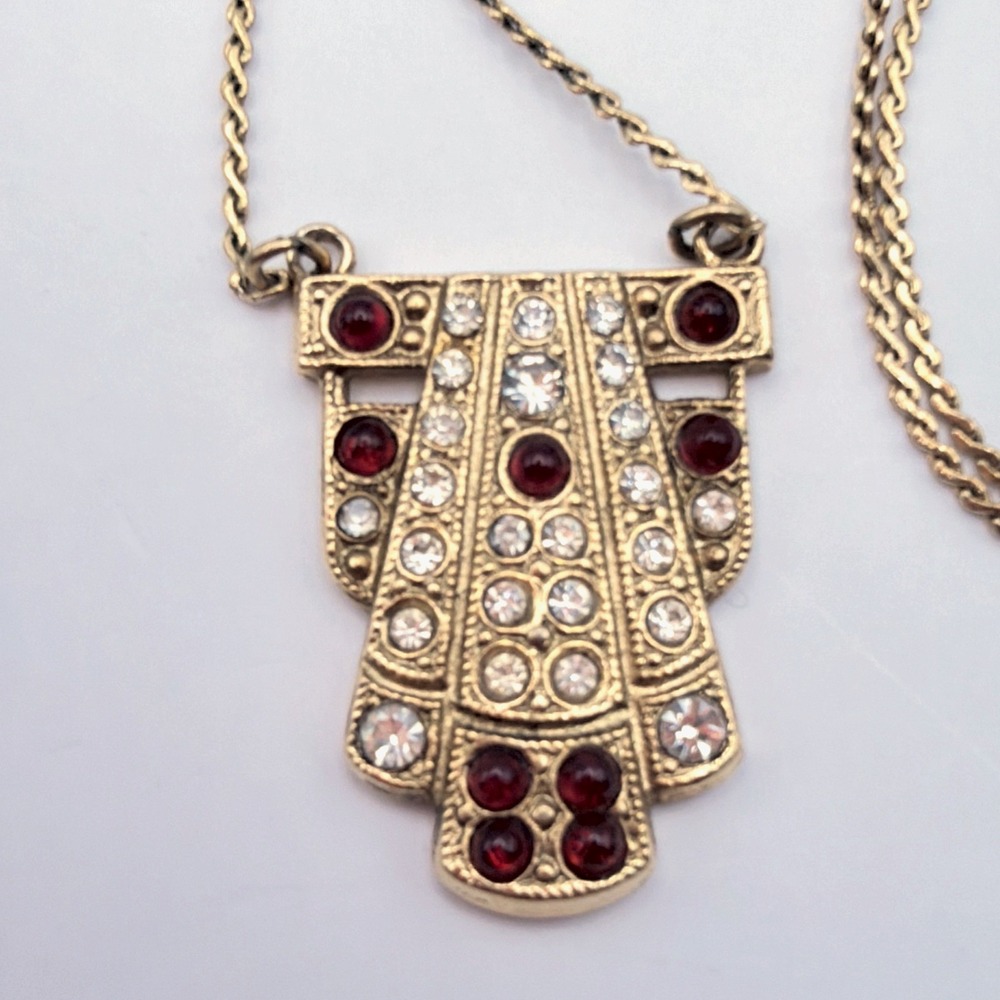 VTG 1928 Art Deco Revival Necklace Gold Tone Red Cabochon Rhinestone 18"